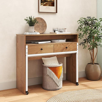 Giantex Small Computer Desk with Hutch & Drawers, Extendable Writing Desk w/Pull Out Secondary Table, Monitor Stand & Rolling Wheels, Console Table, Compact Desk for Small Spaces (Natural)