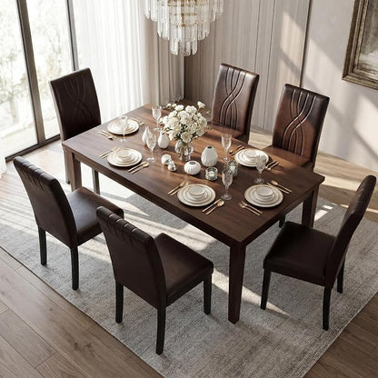 LSSBOUGHT Modern Dining Chair Set of 6,Urban Style Leather Kicthen Chairs with Solid Wood Legs for Dining Room and Restaurant (Brown-Quilted backrest)