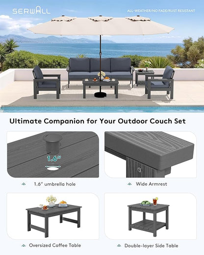 SERWALL HDPE Patio Furniture Set, 7-piece Outdoor Sectional Sofa Set, All Weather Outdoor Couch Set for Deck, Lawn, Grey Frame with Grey Cushion