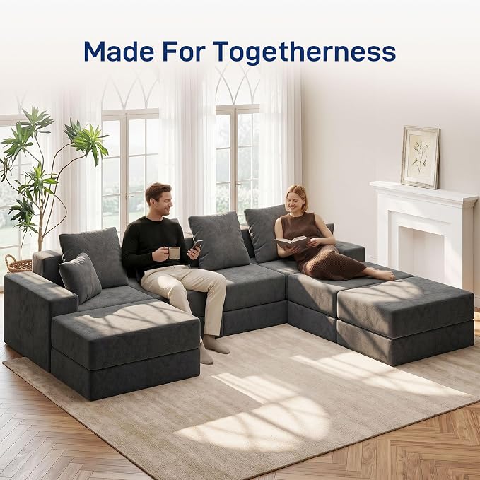 Living&Giving 128" U-Shaped Cloud Sectional Couch for Living Room, Cloud Boneless Couch-No Assembly with Reversible Chaise, Customizable 4-Seat Modular Sectional Sofa with 3 Ottoman,Dark Grey