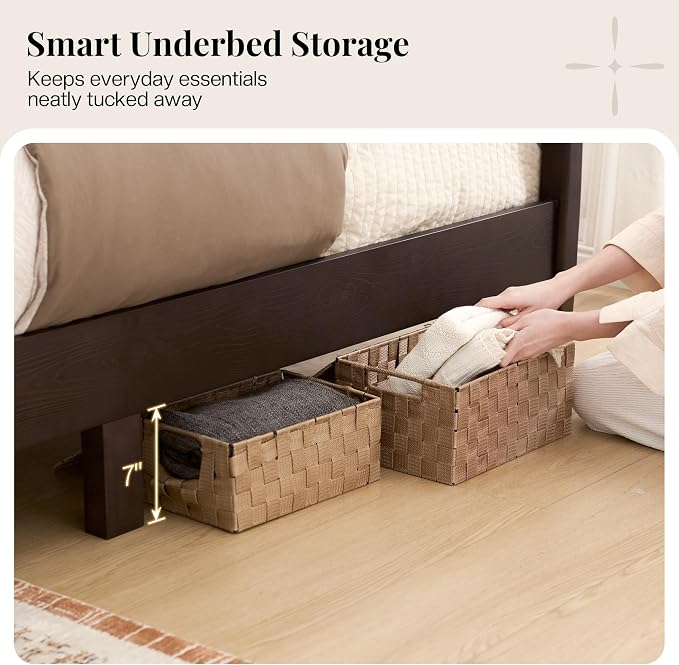 Jocisland 58" Tall Solid Wood Queen Bed Frame with Upholstered Headboard & Footboard, Wooden Platform Bedframe, No Box Spring Needed, Easy Assembly, Modern Farmhouse Style, Dark Walnut