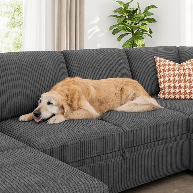 HONBAY Modular Sectional Sleeper Sofa with Pull Out Couch, Corduroy Oversized Sectional Couches Pull Out Bed with U Shaped Sleeper Storage for Living Room - Dark Grey