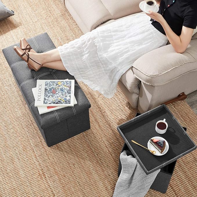 YOUDENOVA 30 Inch Storage Ottoman, Folding Ottoman with Storage, Linen Storage Bench Supports Up to 350 lbs, Footrest Seat for Living Room, Bedroom, Gray