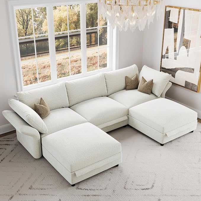 DreamDashio 126" U-Shaped 5-Seat Sectional Sofa, Oversized Modular Cloud Couch with Storage, High Backs & Adjustable Arms, Plush Beige Chenille for Large Living Room
