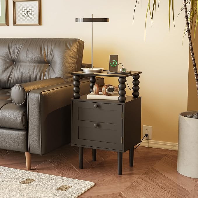 Black Nightstand with Outlet,Storage Drawer and Open Wood Shelf,Wood Legs | Mid-Century Modern Bedside Table for Bedroom and Small Spaces,Easy Assembly Solid Wood Legs