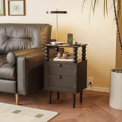 Black Nightstand with Outlet,Storage Drawer and Open Wood Shelf,Wood Legs | Mid-Century Modern Bedside Table for Bedroom and Small Spaces,Easy Assembly Solid Wood Legs