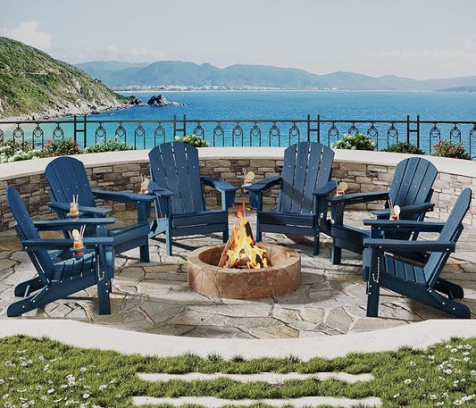 GarveeLife Folding Adirondack Chair Set of 6, All-Weather HDPE Outdoor Chair, Wooden Textured with Cup Holder for patios, Decks, Gardens, fire pits, Navy Blue