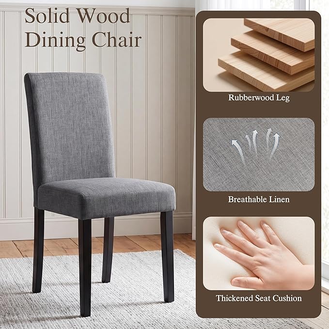 LSSBOUGHT Modern Dining Chair Set of 2 Urban Style Linen Kicthen Chairs with Solid Wood Legs for Dining Room and Restaurant(Gray)