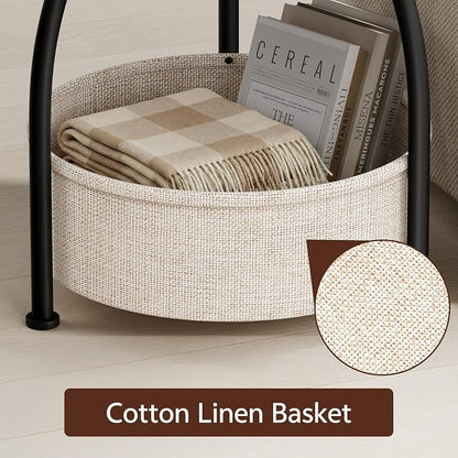 Round Side Table with Storage Basket for Living Room Rustic Brown | Small Table for Small Space 3-Tier Side Table for Bedroom, Garden, Sofa Couch Table Bedside Nightstand, Rustic Brown