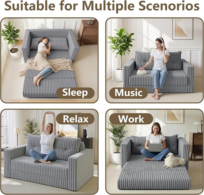 HABUTWAY 49.8" Loveseat Boneless Couch, 4-in-1 Convertible Sofa Bed, Plush Fur Folding Futon Sofa Bed Couches with a Pillow for Living Room, High-Density Foam Support, No Assembly Required, Light Grey