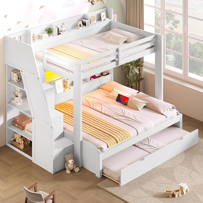 Twin Over Full Bunk Bed with Storage Staircase and Trundle,Storage Shelves, LED and USB,for Kids Teens Adults Bedroom Use (White-USB, Twin Over Full)