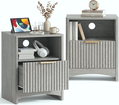 Marsail Fluted Nightstand Set of 2, Wooden Nightstands with Drawers, Modern Bedside Table with Charging Station and Storage, End Table with Storage Side Table for Bedroom, Grey