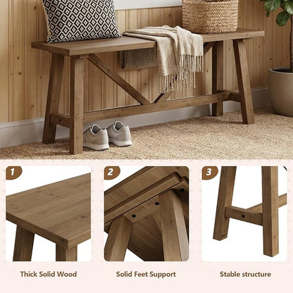 Wnutrees 43" Farmhouse Solid Wood Bench, Narrow Long Seat for Entryway Living Room Dining Area, Natural