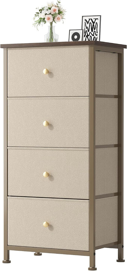DUMOS Nightstand with 4 Drawers Bedside Table with Removable Fabric Bins Sturdy Steel Frame Wood Top Organizer Furniture for Bedroom Closet Living Room, Khaki