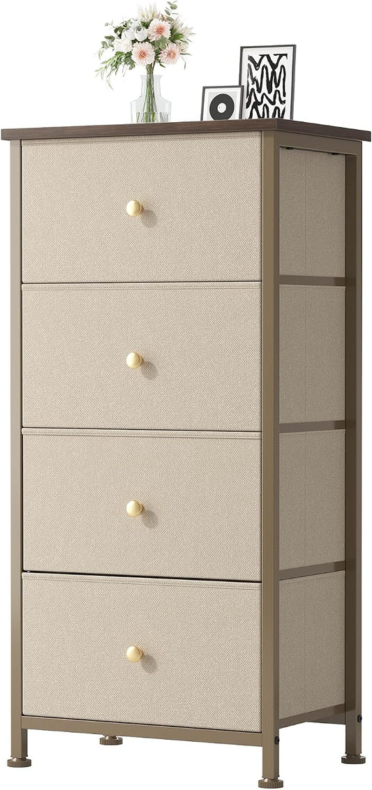 DUMOS Nightstand with 4 Drawers Bedside Table with Removable Fabric Bins Sturdy Steel Frame Wood Top Organizer Furniture for Bedroom Closet Living Room, Khaki