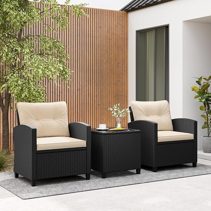 Tangkula 3 Piece Patio Furniture Set, Rattan Conversation Set w/Soft Seat & Back Cushions, Tempered Glass Topped Coffee Table, Cushioned Wicker Seating Set for Backyard, Porch, Poolside (Beige)