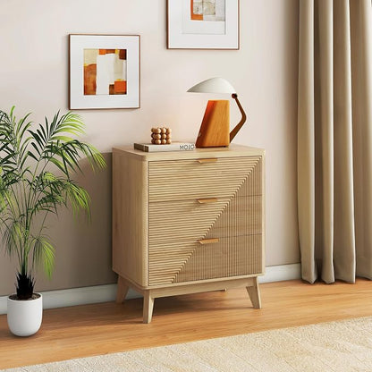 LYNCOHOME 3 Drawer Fluted Nightstand, Modern Wood Night Stand with Curved Profile, Fluted Tall Nightstand with Drawers, Light Oak