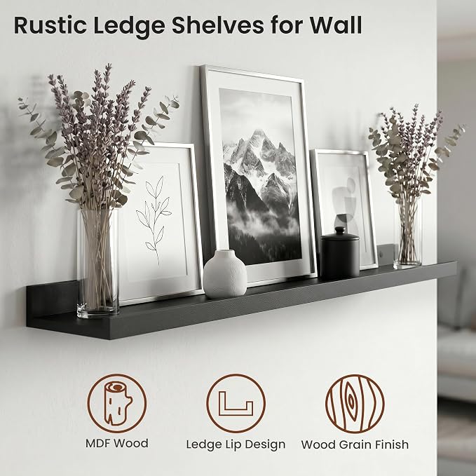 Axeman Picture Ledge Shelf | 20 Inch Floating Shelves Set of 4 | Black Wall Shelves with Lip | Black Picture Shelf for Wall with Ledge | Wood Photo Ledges for Living Room Bedroom