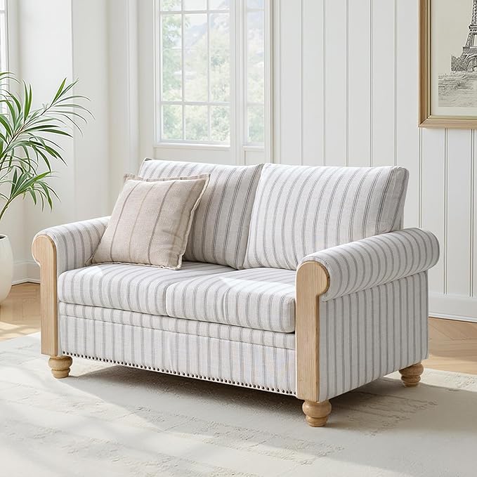 Farmhouse Loveseat with Rolled Arms,Stripe Modern Sofa with Brushed Wood Gourd Feet & Copper Nailhead Trim, Linen Fabric Upholstered Couches for Living Room
