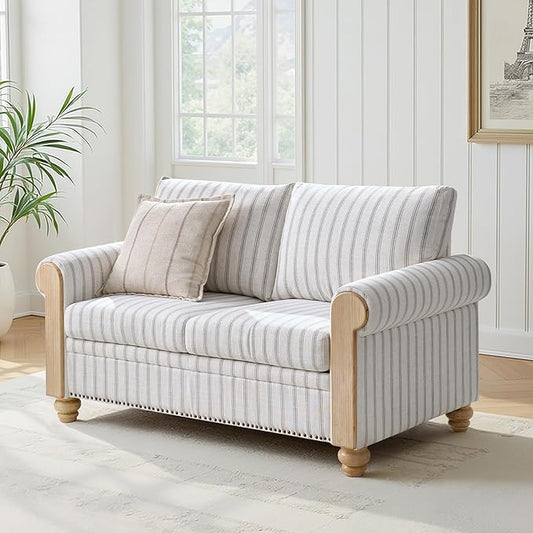 Farmhouse Loveseat with Rolled Arms,Stripe Modern Sofa with Brushed Wood Gourd Feet & Copper Nailhead Trim, Linen Fabric Upholstered Couches for Living Room