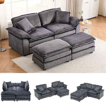 84.6” Corduroy Loveseat with Ottoman, Oversized Double Chaise Lounge Chair Indoor Deep Seat Two Seater Couch Cloud Couch Modular Sectional Sofa for Living Room(Corduroy Grey)