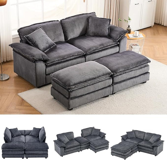 84.6” Corduroy Loveseat with Ottoman, Oversized Double Chaise Lounge Chair Indoor Deep Seat Two Seater Couch Cloud Couch Modular Sectional Sofa for Living Room(Corduroy Grey)