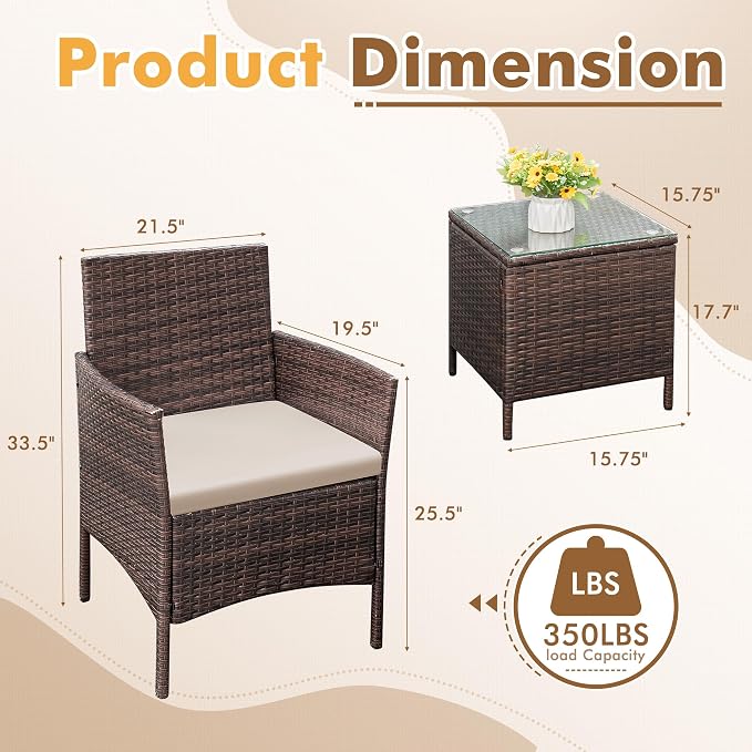 Flamaker Patio Furniture Set 3 Pieces All-Weather Rattan Outdoor Furniture Patio Chairs with Tempered Glass Table for Porch Bistro Balcony (Brown/Cream)