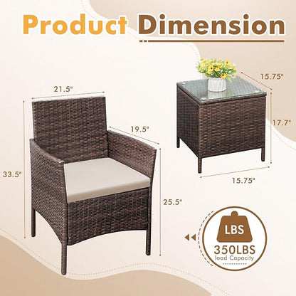 Flamaker Patio Furniture Set 3 Pieces All-Weather Rattan Outdoor Furniture Patio Chairs with Tempered Glass Table for Porch Bistro Balcony (Brown/Cream)