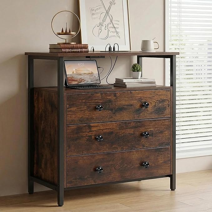 Edbuosy 3 Wooden Drawers Night Stand, 27 Inch Wide Nightstand with Charging Station and Adjustable Drawers, Small Dresser for Closet, Bedside Table for Living Room/Bedroom/Office, Retro Brown