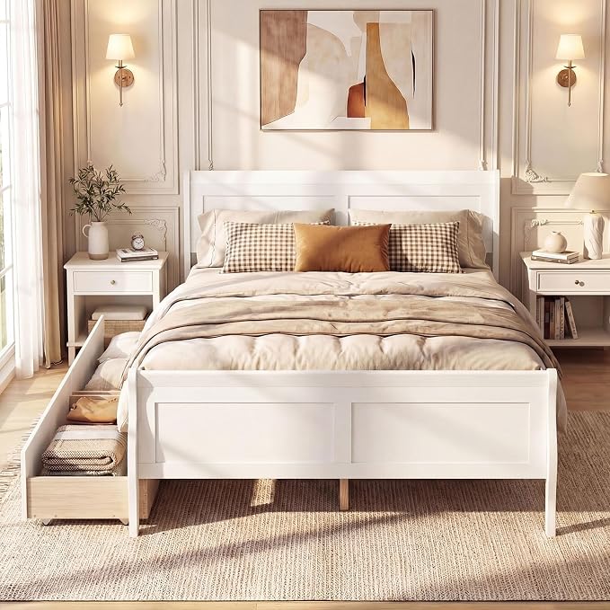 Giantex Full Bed Frame with 2 Storage Drawers, Wood Platform Bed with Headboard & Footboard, Wooden Slats Support Mattress Foundation, Sleigh Bedframe for Teens Adults, No Box Spring Needed (White)