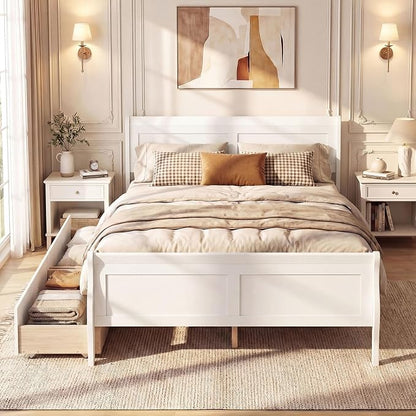 Giantex Full Bed Frame with 2 Storage Drawers, Wood Platform Bed with Headboard & Footboard, Wooden Slats Support Mattress Foundation, Sleigh Bedframe for Teens Adults, No Box Spring Needed (White)