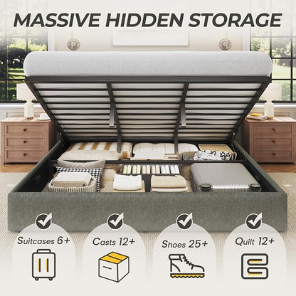 HISOFT King Size Lift Up Storage Bed Frame, Linen Upholstered Platform Bed with Wingback Headboard, Heavy Duty Hydraulic Gas Lift Underbed Space, Reinforced Full Metal Slats, Noise Free, Grey
