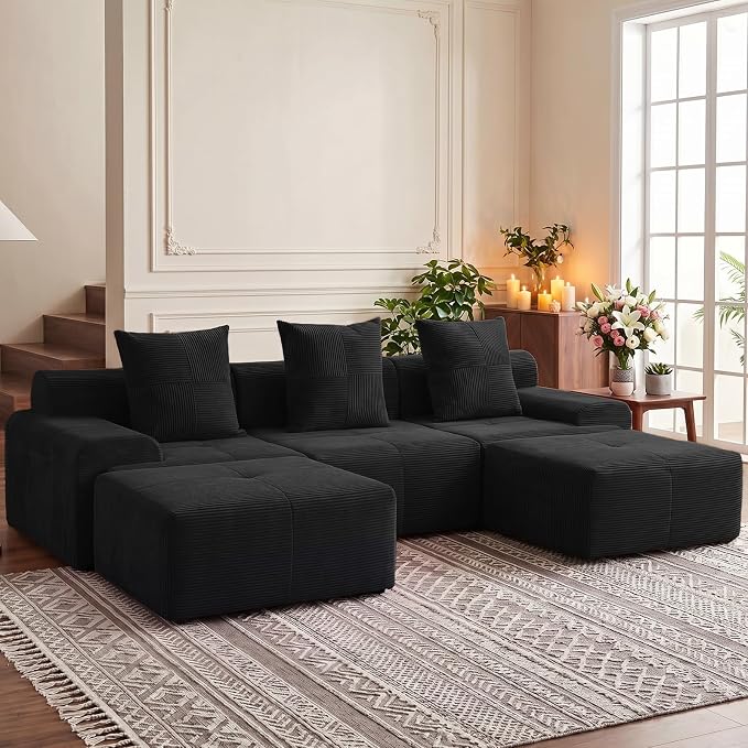 118" Sectional Boneless Oversize Modular Couches, Curved Cloud Sectional Sofa for Living Room, Corduroy U Shape Deep Seat Sofa with 2 Ottomans & 3 Throw Pillows, No Assembly Required,Black