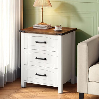 Decofy Farmhouse Nightstand Set of 2 with Charging Station, 18'' Wide Rustic End Table with USB/Type-C Ports, 3 Drawers, Wood Bedside Table for Bedroom, White