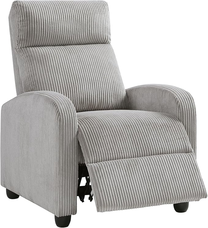 Lexicon Corduroy Pushback Recliner Chair Armchair Push Back Recliner, Solid Wood Frame and Metal Base, Easy Assembly Small Soft Single Sofa Accent Chair for Living Room/Office/Apartment, Light Grey