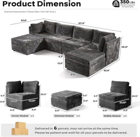 ovios Modular Sectional Sofa Couch with U-Shape Chaise Ottomans, Comfy Plush Corduroy Cloud Couches, Modern Luxury Deep Seat Sofas Set for Living Room, 6-Seater, Grey