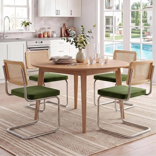 Zesthouse Mid Century Modern Dining Chairs Set of 4, Natural Rattan Dining Chairs with Solid Wood Back & Chrome Base, Upholstered Velvet Fabric, Green