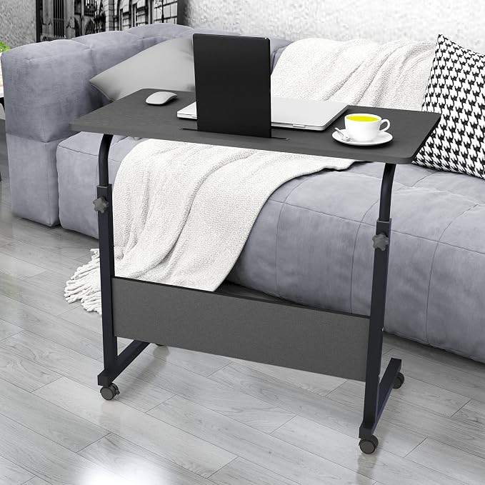 soges 31.5 inches Mobile Side Desk with Tablet Slot Height Adjustable Laptop Cart Stand Portable Laptop Desk Workstation with Wheels Black CXYM-5/3-80BB