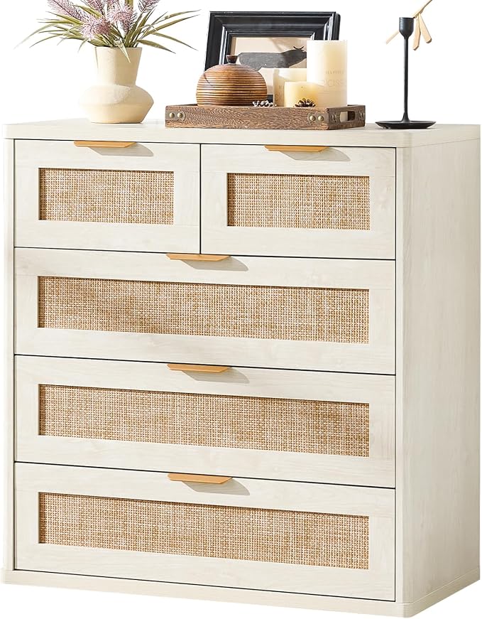 LEYAOYAO White Dresser for Bedroom, 33.5" Tall Chest of Drawers, Modern 5 Drawers Boho Rattan Dressers with Storage, Dresser Wooden Closet Organizer for Living Room, Hallway