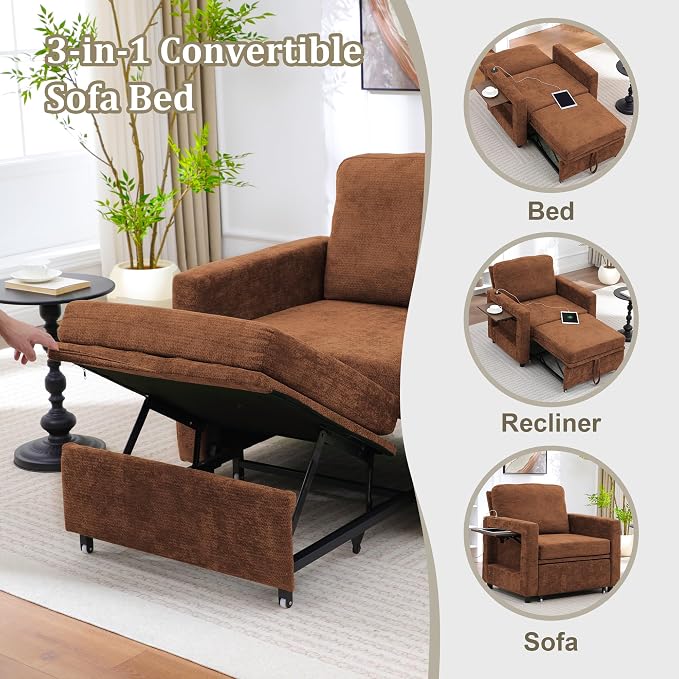 3 in 1 Folding Convertible Sleeper Sofa Bed Pull Out Couch with Side Pockets USB Port Side Table Single Sofa Bed with Adjustable Backrest for Living Room Bedroom 66" Orange 1 SEAT
