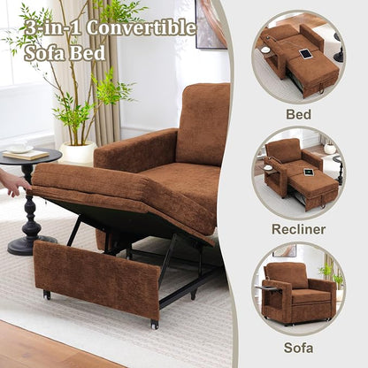 3 in 1 Folding Convertible Sleeper Sofa Bed Pull Out Couch with Side Pockets USB Port Side Table Single Sofa Bed with Adjustable Backrest for Living Room Bedroom 66" Orange 1 SEAT