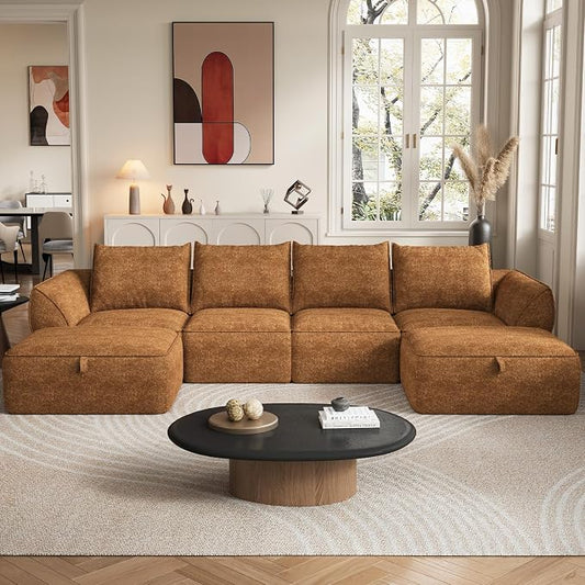 132" Modular Sectional Sofa with Deep Seat, U-Shaped Cloud Couch for Living Room, 4-Seater Boneless Sofa with 2 Ottomans, Flexible Combination Modern Upholstery Sofa, No Assembly Required, Orange