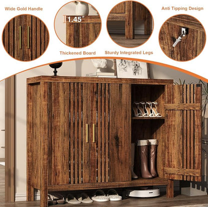 UNIQUITE Wooden Shoes Cabinet with 3 Doors and Adjustable Shelves, Retro Freestanding Shoe Organizer Cabinet for Entryway Hallway Living Room, 5-Tier Shoe Cabinet for 30 Pairs, Dark Walnut