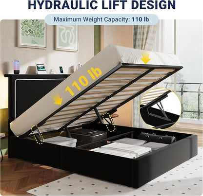 Allewie Full Size Lift Up Storage Bed Frame with Charging Station & LED Lights, Adjustable Velvet Upholstered Storage Headboard, Type-C & USB Ports, Hydraulic Support, No Box Spring Needed, Black