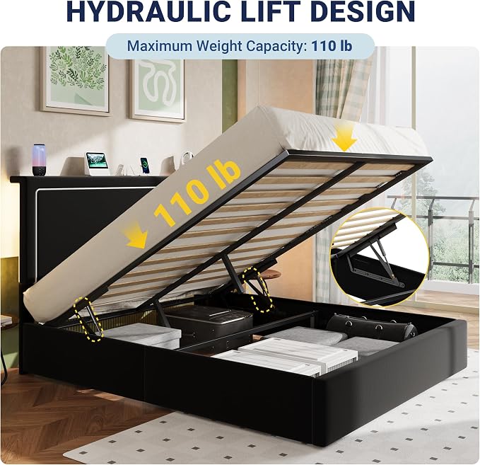 Allewie Queen Size Lift Up Storage Bed Frame with Charging Station & LED Lights, Adjustable Velvet Upholstered Storage Headboard, Type-C & USB Ports, Hydraulic Support, No Box Spring Needed, Black