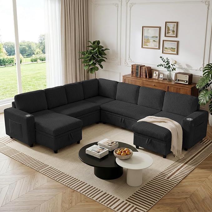 Modular Sectional Sleeper Sofa with Pull Out Bed, Plush Corduroy L Shaped Couch with Storage Chaise, USB Ports, Cup Holders, Comfy Cloud Couches for Living Room, Black