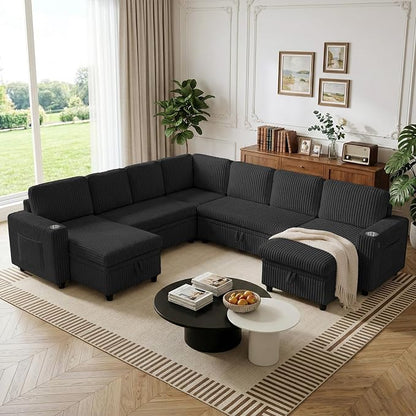 Modular Sectional Sleeper Sofa with Pull Out Bed, Plush Corduroy L Shaped Couch with Storage Chaise, USB Ports, Cup Holders, Comfy Cloud Couches for Living Room, Black
