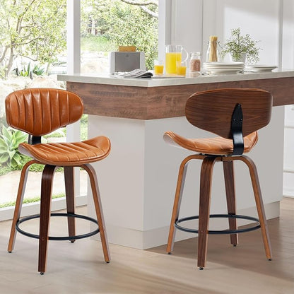 Swivel Bar Stools Set of 3, 24 inch PU Leather Wooden Bentwood Barstools Counter Height Modern Breakfast Bar Chairs with Backrest and Footrest for Kitchen Island, Dining Room D035-Brown-3