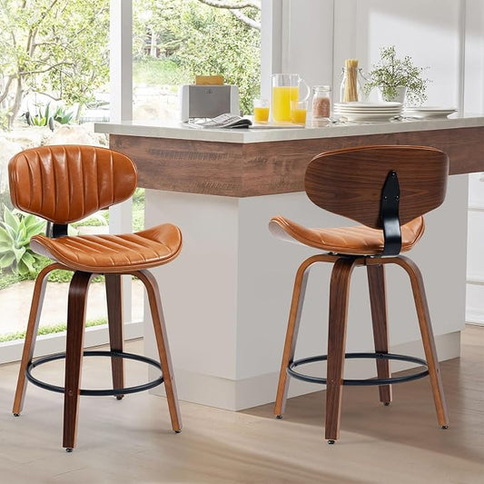 Swivel Bar Stools Set of 2, 24 inch PU Leather Wooden Bentwood Barstools Counter Height Modern Breakfast Bar Chairs with Backrest and Footrest for Kitchen Island, Dining Room D035-Brown-2