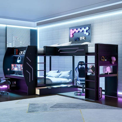 Twin&Full Over Full Triple Bunk Bed with Desk and Storage Drawers & LED,Charging Station,Solid Wood L-Shaped 3 Gaming Bunk Bed with Ladder,Guardrail,No Box Spring Needed (Black,Twin & Full Over Full)